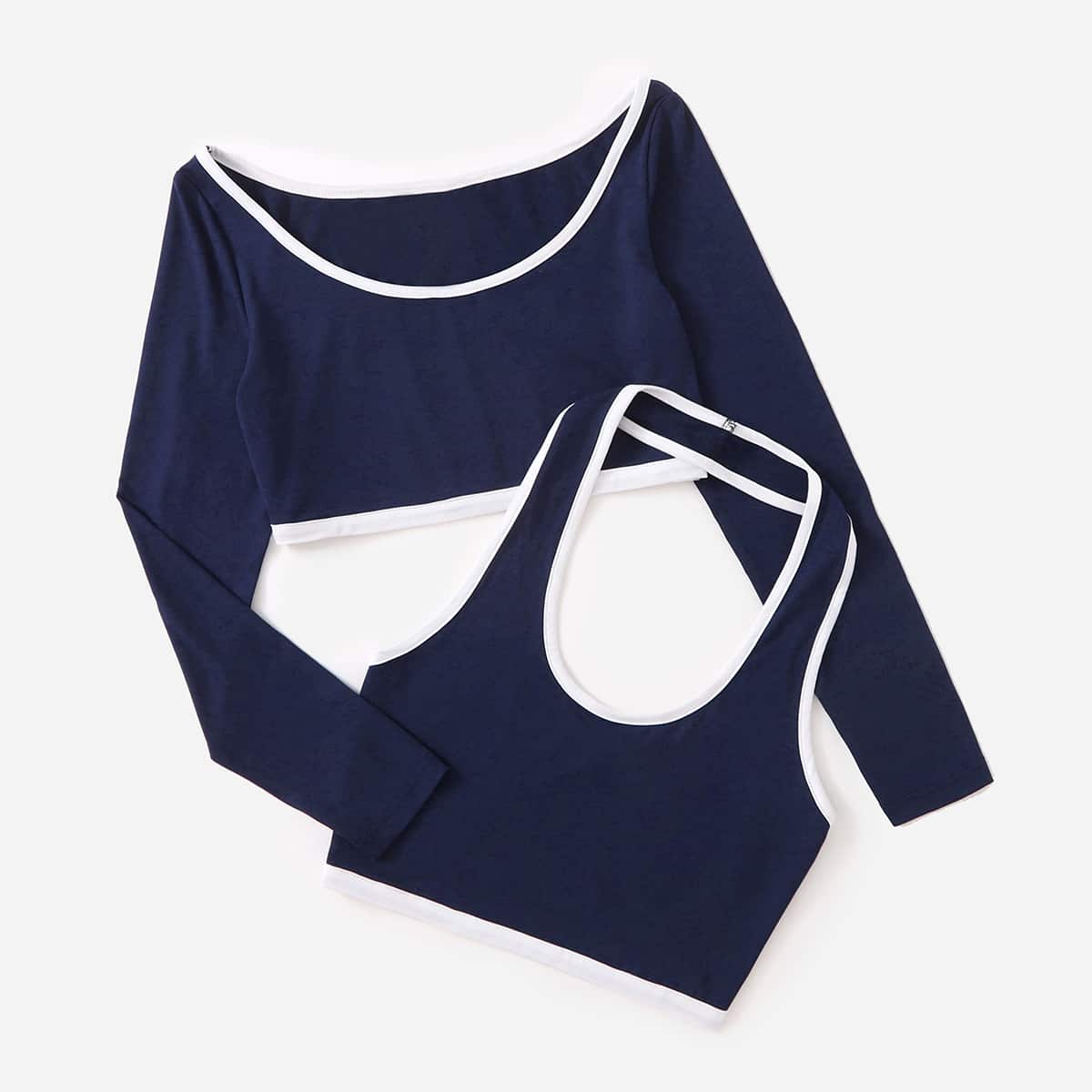 

Contrast Binding Crop Tee & Halter Top, Navy blue