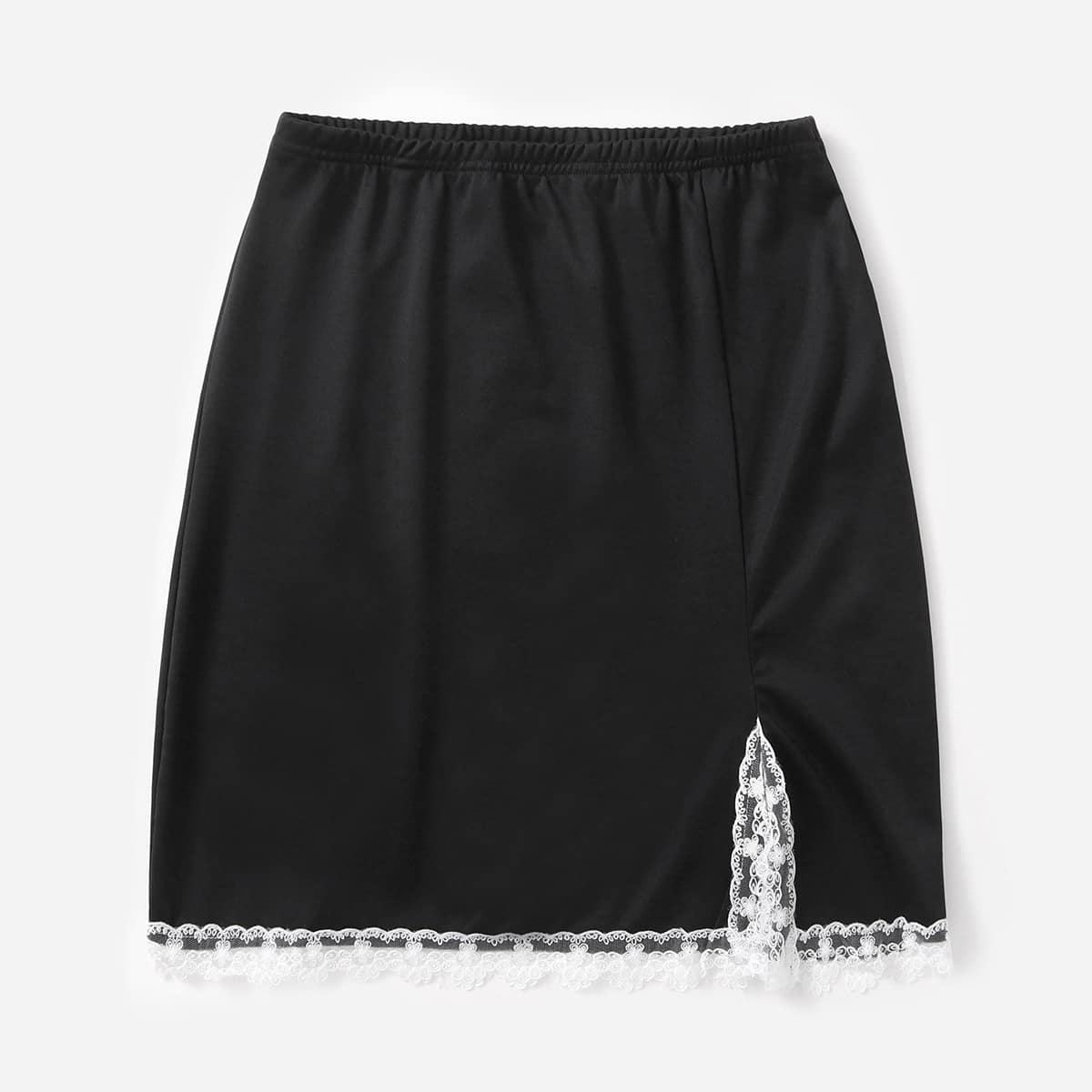 

Contrast Lace Split Skirt, Black