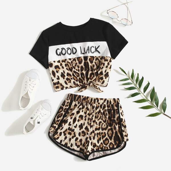 

Girls Letter & Leopard Print Knot Hem Tee & Binding Track Shorts, Multicolor