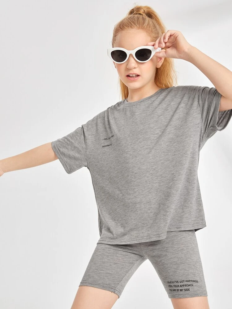 Tween Girl Slogan Graphic Tee & Biker Shorts Set