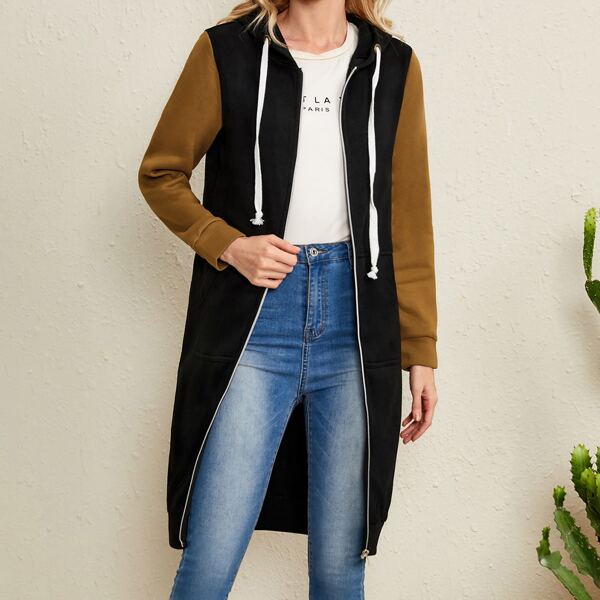 

Color Block Drawstring Longline Zipper Hoodie, Black
