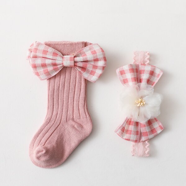 

1pc Baby Bow Decor Socks & 1pc Hair Band, Pink