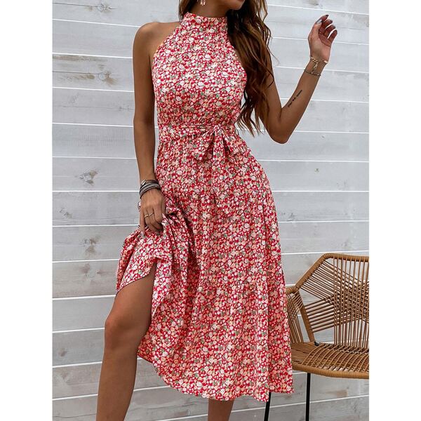 

Ditsy Floral Belted Halter Dress, Multicolor