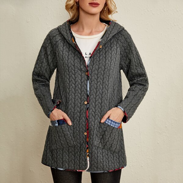 

Contrast Trim Pocket Front Textured Hooded Coat, Dark grey