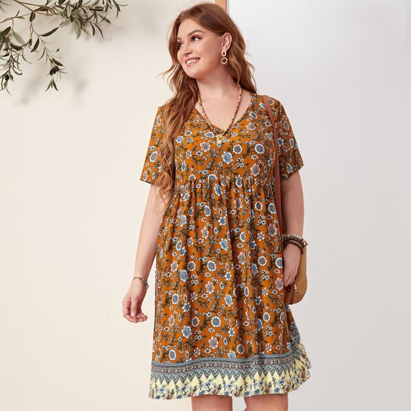 

Plus Floral Print Smock Dress, Multicolor