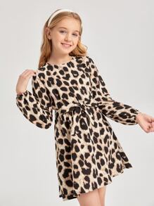 SHEIN Girls Leopard Print Belted Dress - Multicolor - View 1