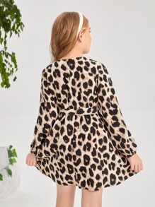 SHEIN Girls Leopard Print Belted Dress - Multicolor - View 2