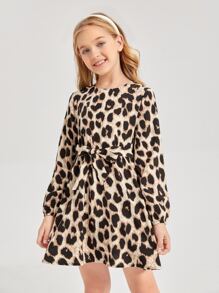 SHEIN Girls Leopard Print Belted Dress - Multicolor - View 4