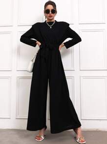 Mulvari Shoulder Pads Belted Wide Leg Jumpsuit - Black - View 3