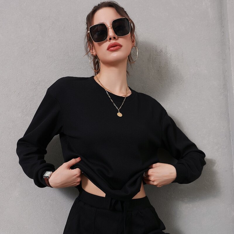 

Solid Drop Shoulder Sweatshirt & Sweatpants, Black
