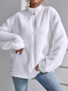 SHEIN EZwear Zip Up Drop Shoulder Flannel Coat - White - View 1