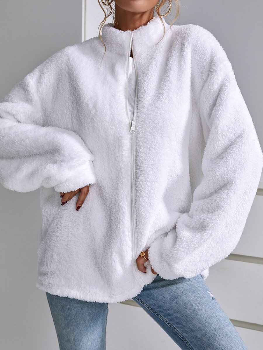 SHEIN EZwear Zip Up Drop Shoulder Flannel Coat - White - View 1