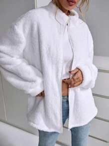 SHEIN EZwear Zip Up Drop Shoulder Flannel Coat - White - View 3