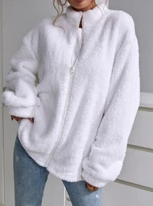 SHEIN EZwear Zip Up Drop Shoulder Flannel Coat - White - View 5