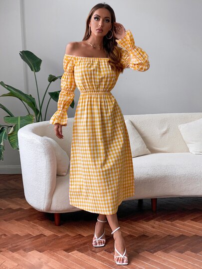 فستان قماش قطن المربعات كاجوال