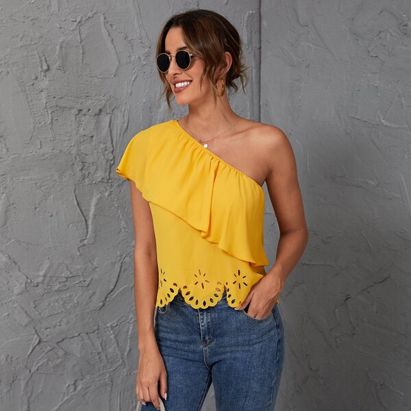 

One Shoulder Laser Cut Blouse, Yellow