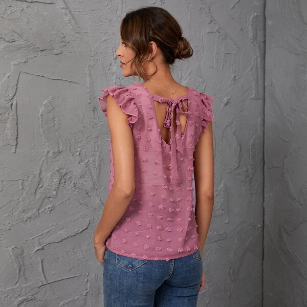 

Swiss Dot V-neck Ruffle Sleeve Tie Back Blouse, Dusty pink