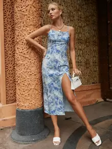 GENKIRA Tie Dye Split Thigh Cami Dress - Blue and White - View 1