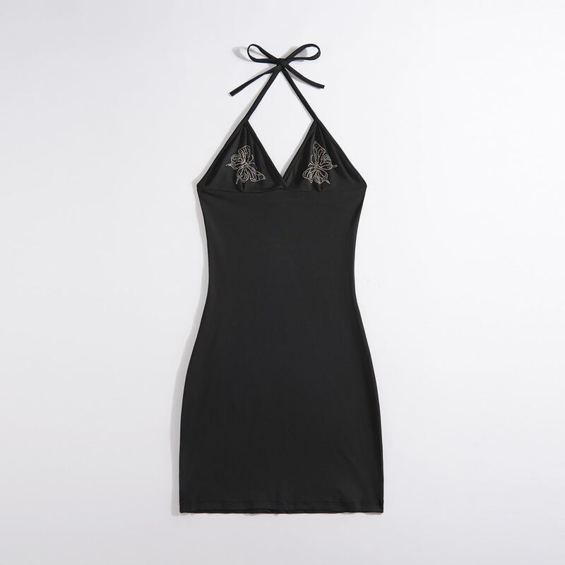 

Butterfly Print Bodycon Halter Dress, Black