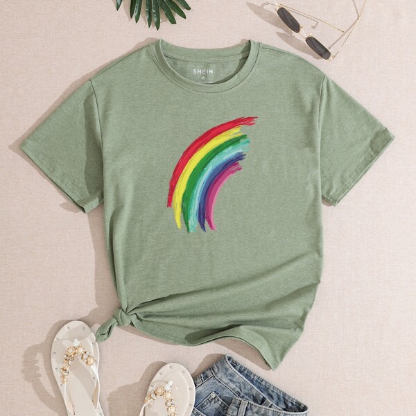 

Rainbow Print Crew Neck Tee, Army green
