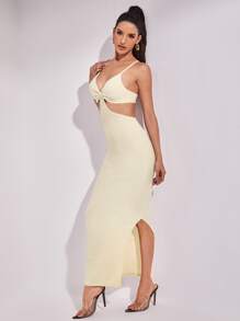 SHEIN BAE Vestido bajo con abertura unicolor con abertura - Beis - Ver 3