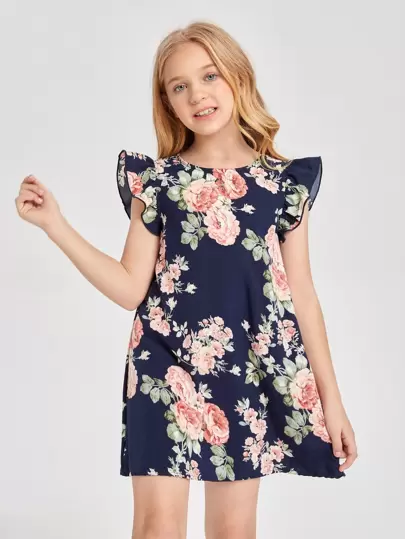 SHEIN 少女連身裙,荷葉邊花卉印花裙