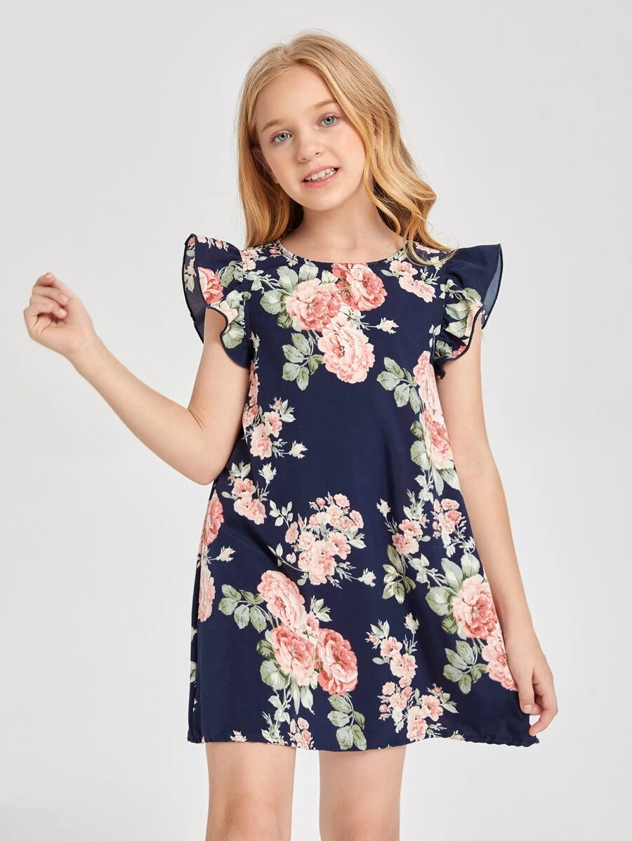 SHEIN Cô gái Tween Viền Ruffle In hoa Đầm - Nhiều màu - Xem 1
