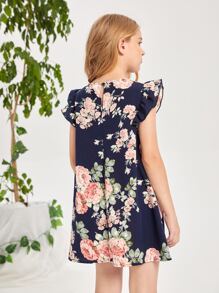 SHEIN Cô gái Tween Viền Ruffle In hoa Đầm - Nhiều màu - Xem 2