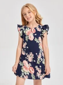 SHEIN Cô gái Tween Viền Ruffle In hoa Đầm - Nhiều màu - Xem 3