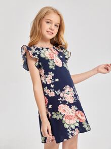 SHEIN Cô gái Tween Viền Ruffle In hoa Đầm - Nhiều màu - Xem 5