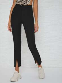 SHEIN Essnce Quần Nút Chia Dây kéo màu trơn Giải trí - màu đen - Xem 3