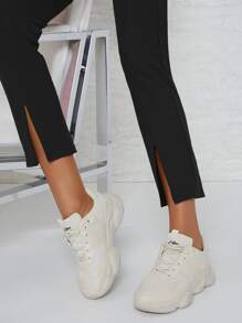 SHEIN Essnce Quần Nút Chia Dây kéo màu trơn Giải trí - màu đen - Xem 4