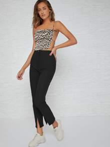 SHEIN Essnce Quần Nút Chia Dây kéo màu trơn Giải trí - màu đen - Xem 5