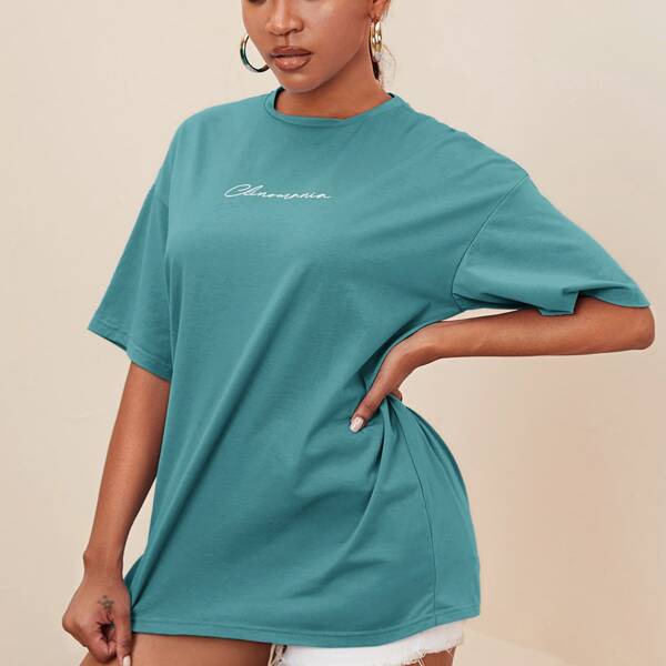 

Drop Shoulder Letter Graphic Top, Teal blue