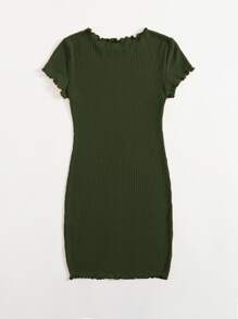 SHEIN EZwear Plus Solid Lettuce Trim Rib-knit Bodycon Dress - Dark Green - View 2