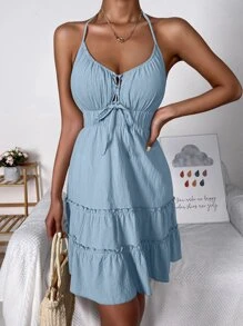 Breezaya Tie Front Knotted Backless Ruffle Hem Dress Vacation Beach Outfits Women - Baby Blue - View 3