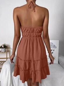 SHEIN VCAY Tie Front Knotted Backless Ruffle Hem Dress - Dusty Pink - View 2