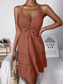 SHEIN VCAY Tie Front Knotted Backless Ruffle Hem Dress - Dusty Pink - View 3