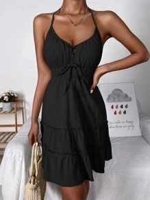 SHEIN VCAY Vestido con cordón delantero de espalda abierta con nudo bajo con fruncido - Negro - Ver 3