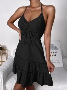 SHEIN VCAY Vestido con cordón delantero de espalda abierta con nudo bajo con fruncido - Negro - Ver 6