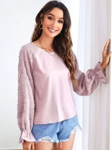 Fuzzy Flounce Sleeve Top - Dusty Pink - View 4