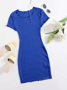 SHEIN EZwear Lettuce Trim Rib-knit Bodycon Dress - Royal Blue - View 6
