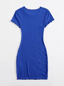 SHEIN EZwear Lettuce Trim Rib-knit Bodycon Dress - Royal Blue - View 2