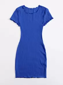SHEIN EZwear Lettuce Trim Rib-knit Bodycon Dress - Royal Blue - View 5