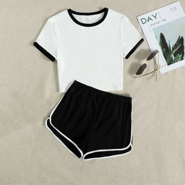

Contrast Binding Tee & Shorts Set, Black and white