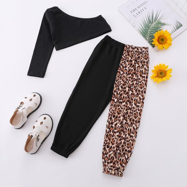 

Toddler Girls One Shoulder Crop Top & Leopard Print Pants, Multicolor