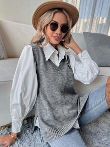 SHEIN Essnce Chaleco de punto bajo con abertura sin camisa - Gris - Ver 1