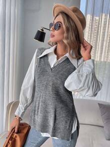 SHEIN Essnce Chaleco de punto bajo con abertura sin camisa - Gris - Ver 4
