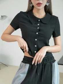 DAZY Áo sơ mi crop top có nút cài chắc chắn - màu đen - Xem 1