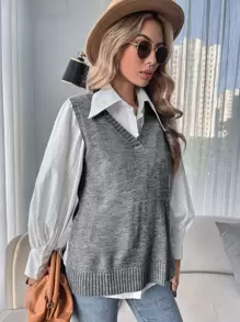 SHEIN Essnce Chaleco de punto bajo con abertura sin camisa - Gris - Ver 6